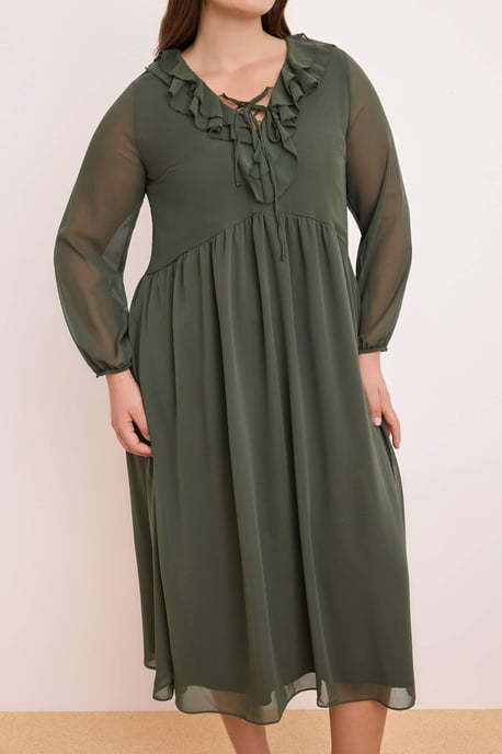 Trendyol Curve Dam Khaki Enfärgad Maxi Lång Fest A-linje Plus size Klänning - Image 2
