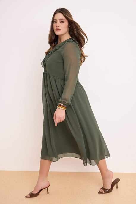 Trendyol Curve Dam Khaki Enfärgad Maxi Lång Fest A-linje Plus size Klänning - Image 6
