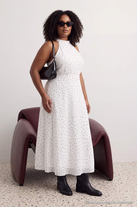 Trendyol Curve Dam Vit Prickig Maxi Ärmlös A-linje Plus size Klänning - Image 6