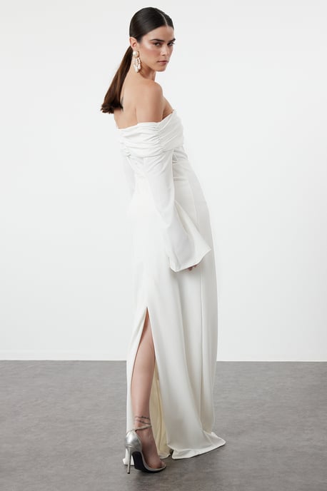 TRENDYOLMİLLA Dames Wit Effen Maxi Lang Gala Recht Avond & Gala Jurk - Image 5