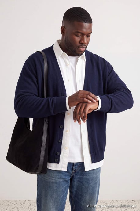 TRENDYOL MAN Men's Dark blue Plain Long Regular fit Plus Size Cardigans - Image 2