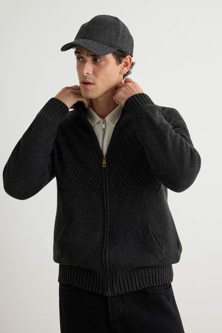 TRENDYOL MAN Men's Gray Diamond pattern Long Regular fit Cardigans - Image 2