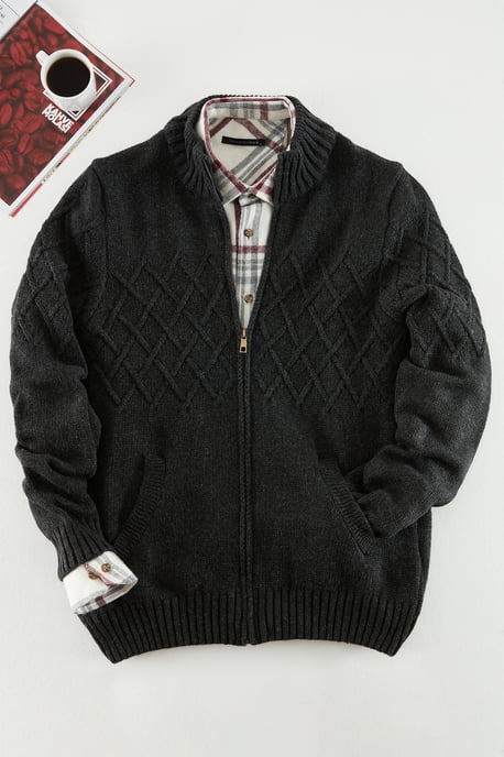 TRENDYOL MAN Men's Gray Diamond pattern Long Regular fit Cardigans - Image 4