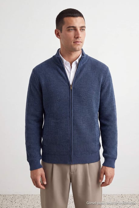 TRENDYOL MAN Men's Blue Plain Long Regular fit Cardigans - Image 2