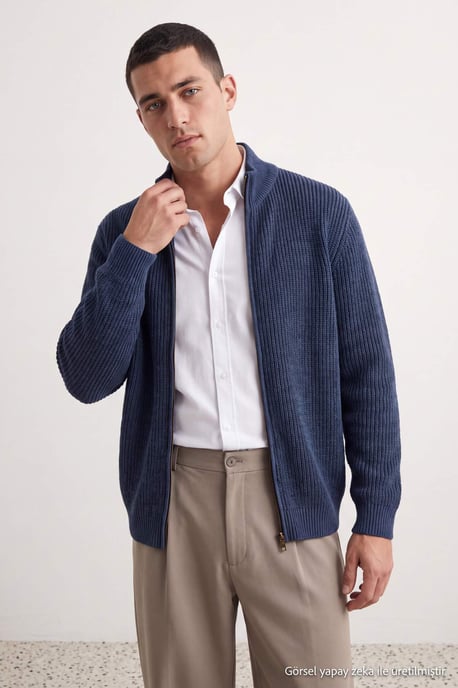 TRENDYOL MAN Men's Blue Plain Long Regular fit Cardigans - Image 6