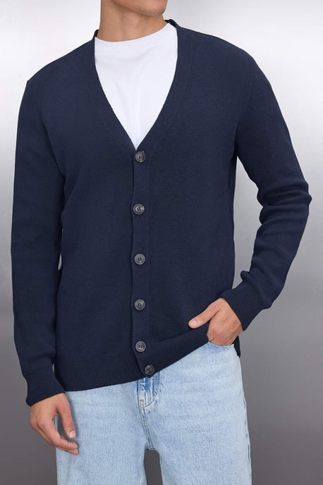 TRENDYOL MAN Men's Dark blue Plain Long Fitted Cardigans - Image 2
