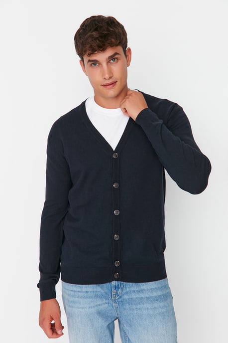 TRENDYOL MAN Men's Dark blue Plain Long Fitted Cardigans - Image 4