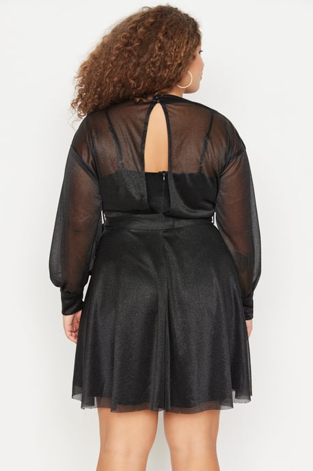 Trendyol Curve Dam Svart Enfärgad Kort / Mini Lång Elegant/Kväll Skater Plus size Klänning - Image 4