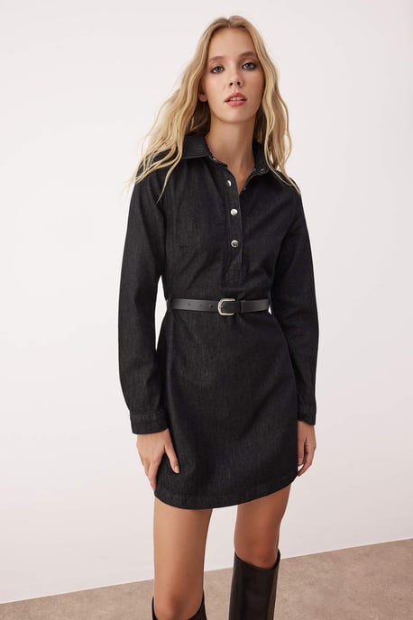 TRENDYOLMİLLA Dames Zwart Effen Extra Kort / Super Mini Lang Casual A-lijn Jurken - Image 6