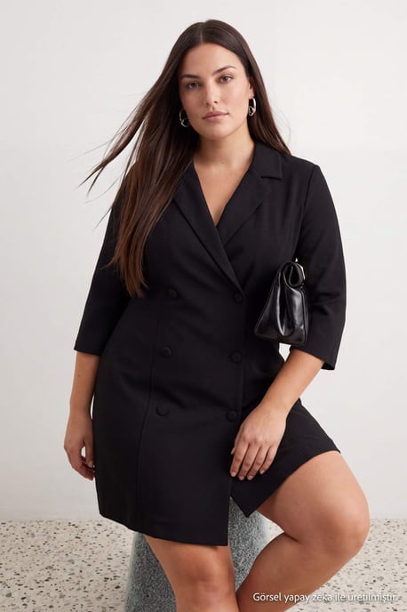 Trendyol Curve Dam Svart Enfärgad Kort / Mini Trekvartsärm A-linje Plus size Klänning - Image 1