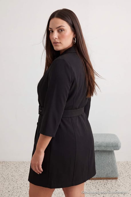 Trendyol Curve Dam Svart Enfärgad Kort / Mini Trekvartsärm A-linje Plus size Klänning - Image 6
