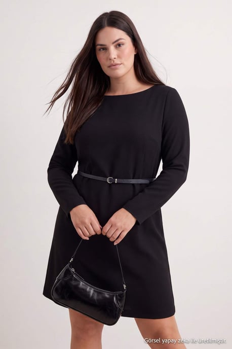 Trendyol Curve Dam Svart Enfärgad Kort / Mini Lång A-linje Plus size Klänning - Image 6