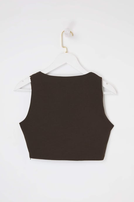 TRENDYOLMİLLA Dames Bruin Effen Mouwloos Getailleerd Blouses - Image 5