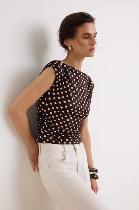 TRENDYOLMİLLA Dames Bruin Stippen Mouwloos Getailleerd Blouses - Image 3