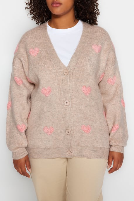 Trendyol Curve Dam Ecru Hjärtan Lång Relaxed fit Plus size Koftor - Image 2