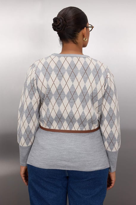 Trendyol Curve Dam Grå Rutmönster Lång Regular fit Plus size Koftor - Image 3