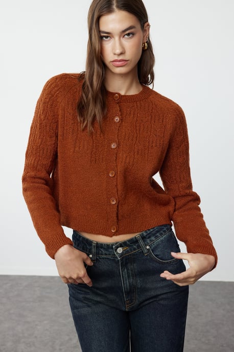 TRENDYOLMİLLA Women's Brown Lochmuster Long Regular fit Cardigans - Image 1