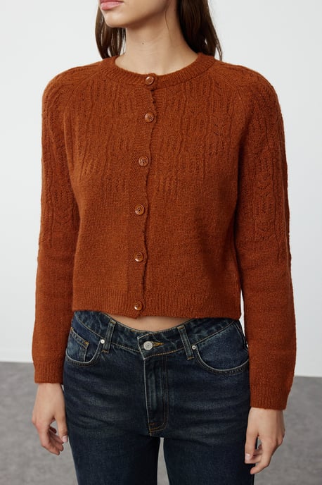 TRENDYOLMİLLA Women's Brown Lochmuster Long Regular fit Cardigans - Image 3