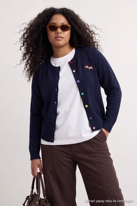 Trendyol Curve Dam Mörkblå Enfärgad Lång Regular fit Plus size Koftor - Image 1