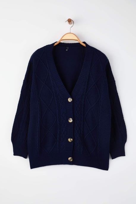 Trendyol Curve Dam Mörkblå Flätstickat Lång Regular fit Plus size Koftor - Image 4
