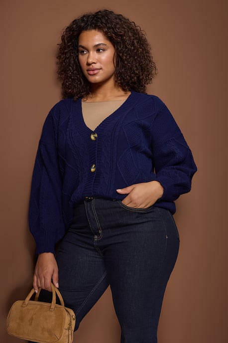 Trendyol Curve Dam Mörkblå Flätstickat Lång Regular fit Plus size Koftor - Image 6