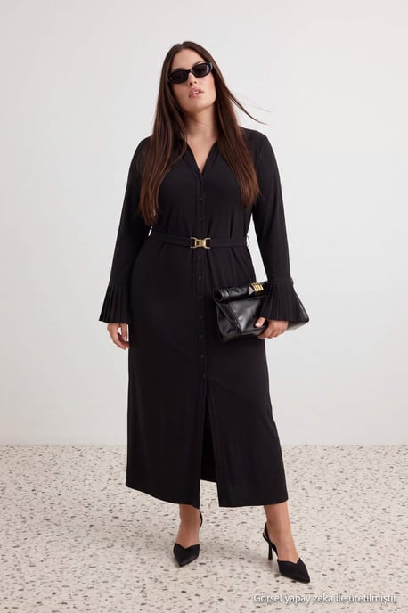Trendyol Curve Dam Svart Enfärgad Maxi Lång Rak Plus size Klänning - Image 6