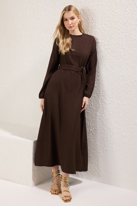 Trendyol Modest Dames Bruin Effen Maxi Lang Casual Skater Modest Jurken - Image 1