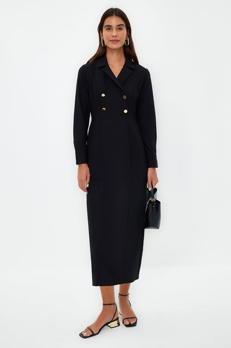 Trendyol Modest Dames Zwart Effen Maxi Driekwart mouw Casual Double-breasted Modest Jurken - Image 1