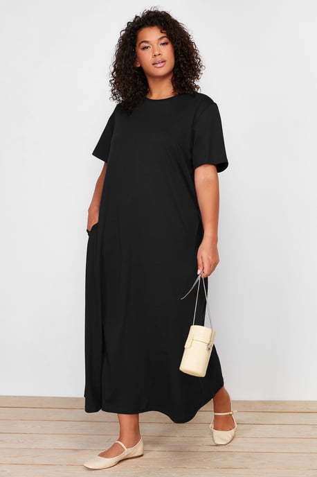 Trendyol Curve Dames Zwart Effen Maxi Kort Casual Recht Grote maten Jurk - Image 2