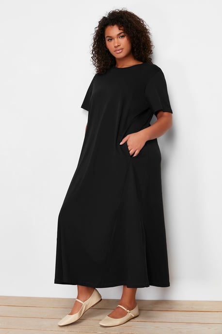 Trendyol Curve Dames Zwart Effen Maxi Kort Casual Recht Grote maten Jurk - Image 5