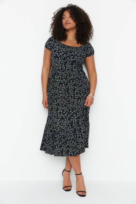 Trendyol Curve Dames Zwart Bloemen Maxi Kort Stijlvol/Avond A-lijn Grote maten Jurk - Image 1