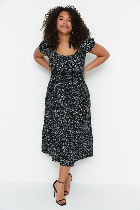 Trendyol Curve Dames Zwart Bloemen Maxi Kort Stijlvol/Avond A-lijn Grote maten Jurk - Image 6