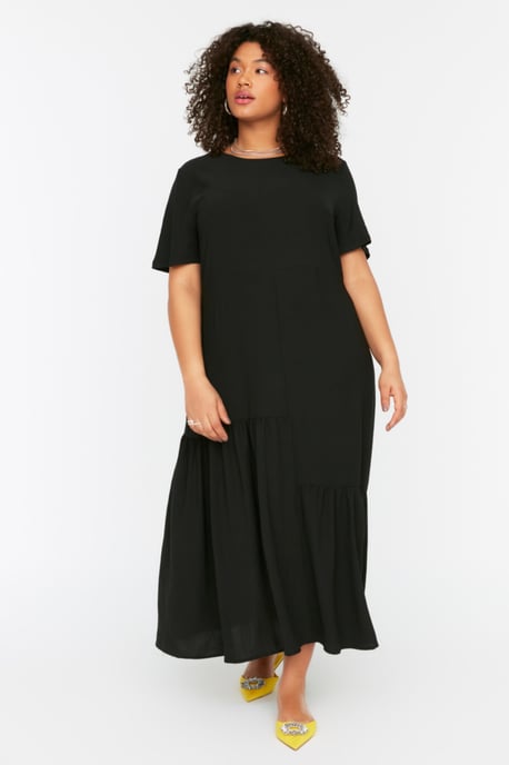 Trendyol Curve Dam Svart Enfärgad Maxi Kort Casual A-linje Plus size Klänning - Image 6