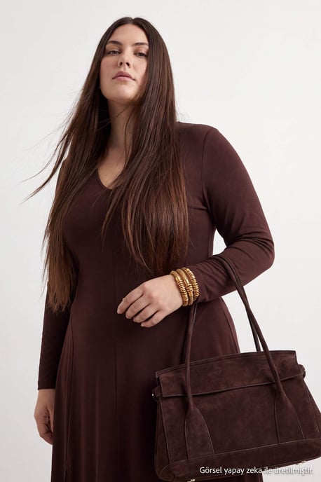 Trendyol Curve Dam Brun Enfärgad Maxi Lång Kväll / Vardag A-linje Plus size Klänning - Image 1