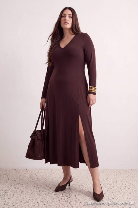 Trendyol Curve Dam Brun Enfärgad Maxi Lång Kväll / Vardag A-linje Plus size Klänning - Image 2