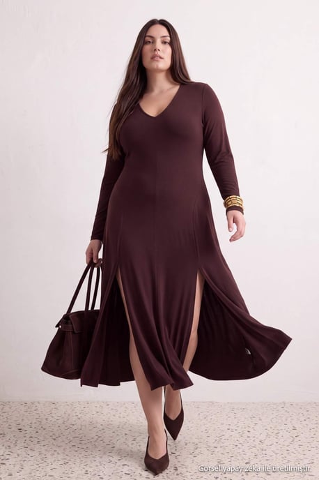 Trendyol Curve Dam Brun Enfärgad Maxi Lång Kväll / Vardag A-linje Plus size Klänning - Image 6