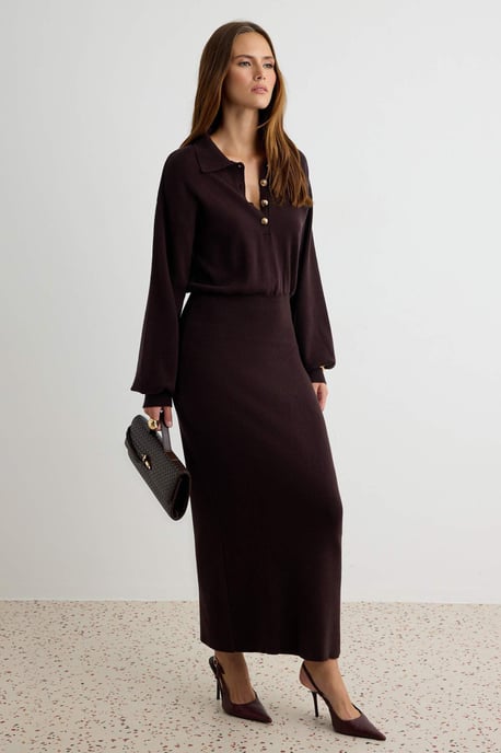 TRENDYOLMİLLA Dames Bruin Effen Maxi Lang Bodycon Jurken - Image 1