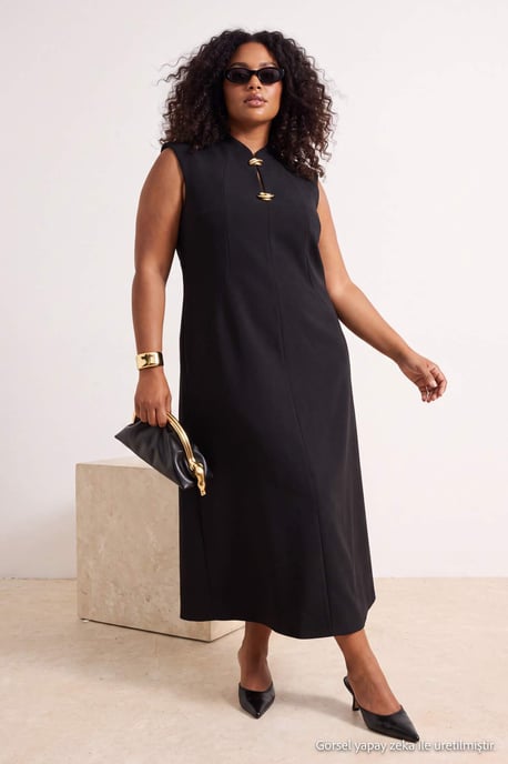 Trendyol Curve Dam Svart Enfärgad Maxi Ärmlös Bodycon Plus size Klänning - Image 6