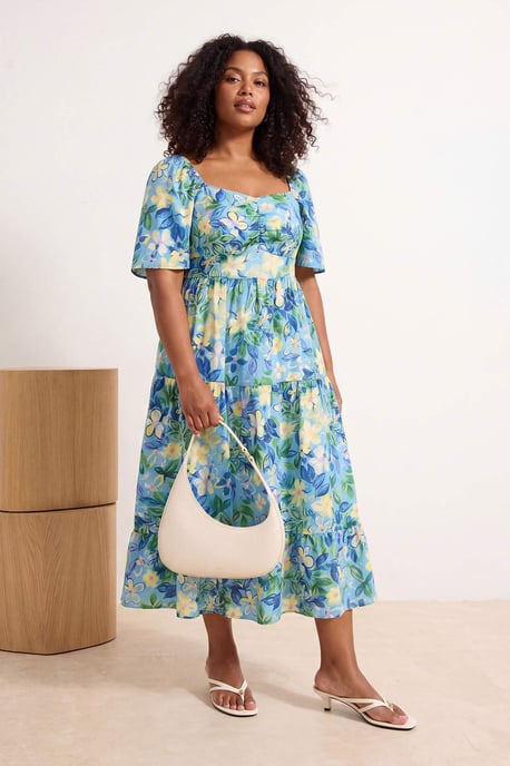 Trendyol Curve Dam Blå Blommig Maxi Trekvartsärm Casual A-linje Plus size Klänning - Image 1