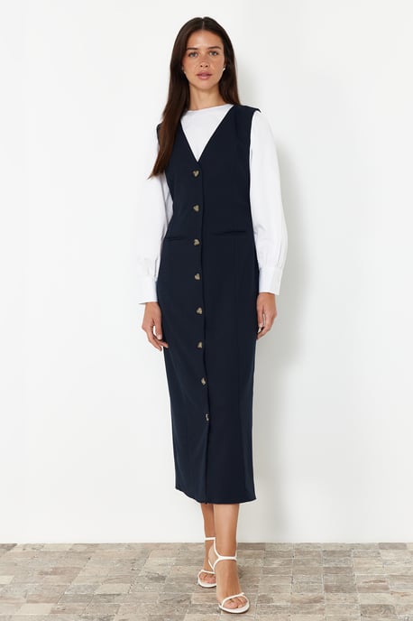 Trendyol Modest Dames Donkerblauw Effen Maxi Lang Casual Gilet Modest Jurken - Image 1