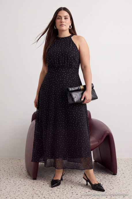Trendyol Curve Dam Svart Prickig Maxi Ärmlös A-linje Plus size Klänning - Image 1