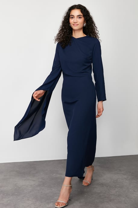 Trendyol Modest Dames Donkerblauw Effen Maxi Lang Stijlvol/Avond Recht Modest Avond Jurken - Image 1