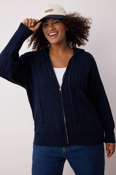 Trendyol Curve Dam Mörkblå Flätstickat Lång Regular fit Plus size Koftor - Image 6