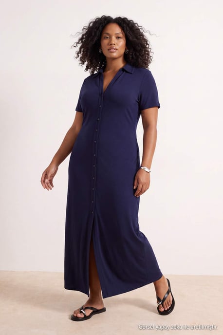 Trendyol Curve Dam Mörkblå Enfärgad Maxi Kort Rak Plus size Klänning - Image 2