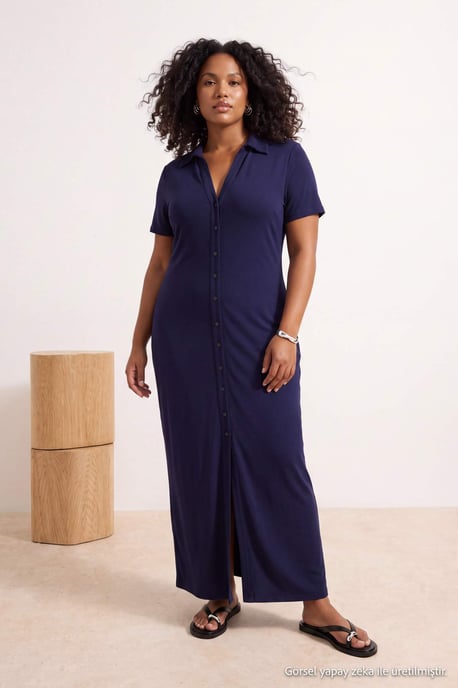 Trendyol Curve Dam Mörkblå Enfärgad Maxi Kort Rak Plus size Klänning - Image 6