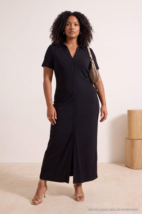 Trendyol Curve Dam Svart Enfärgad Maxi Kort Rak Plus size Klänning - Image 2