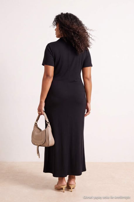 Trendyol Curve Dam Svart Enfärgad Maxi Kort Rak Plus size Klänning - Image 3