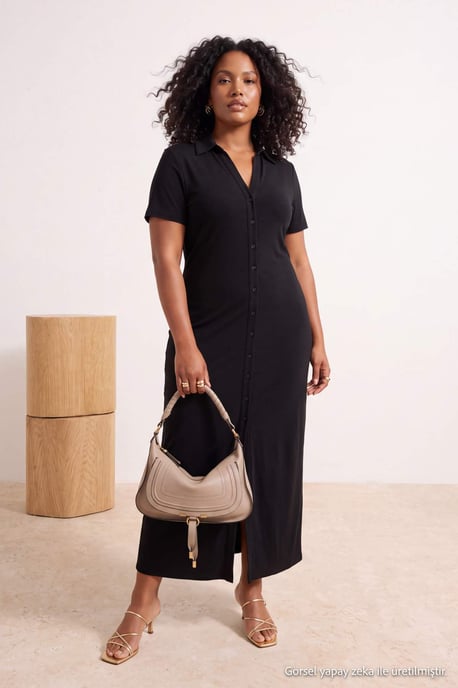 Trendyol Curve Dam Svart Enfärgad Maxi Kort Rak Plus size Klänning - Image 6