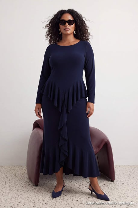 Trendyol Curve Dam Mörkblå Enfärgad Maxi Lång Bodycon Plus size Klänning - Image 2