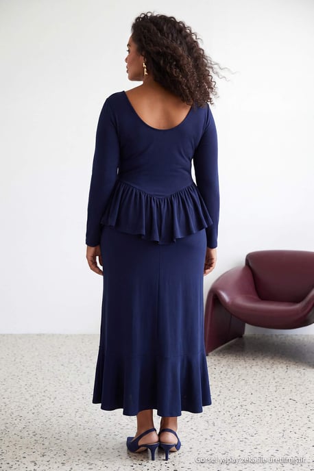 Trendyol Curve Dam Mörkblå Enfärgad Maxi Lång Bodycon Plus size Klänning - Image 3
